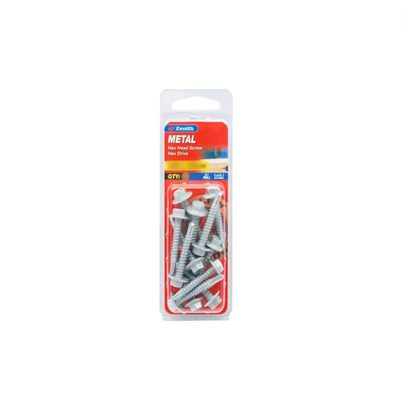 Zenith Metal Screw Hex Head W Seal 10G x 16MM Pk20