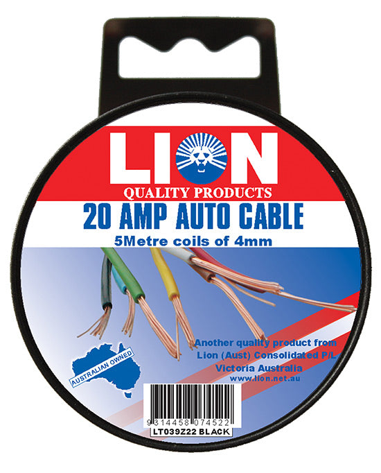 Lion Auto Cable 20amp X 4mm Black 5m