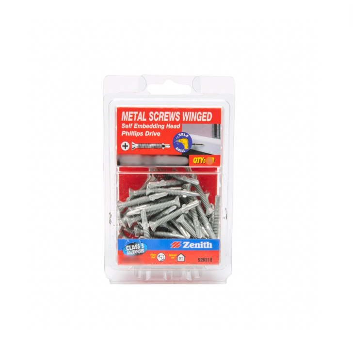 Zenith Metal Screw Winged Phillips Self Emb 10G x 50MM Pk50