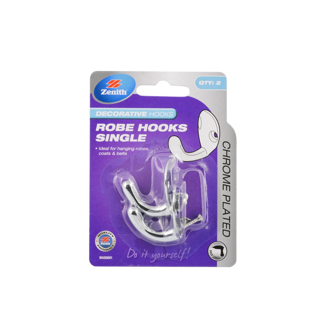 Zenith Robe Hooks Single Chrome Pk2