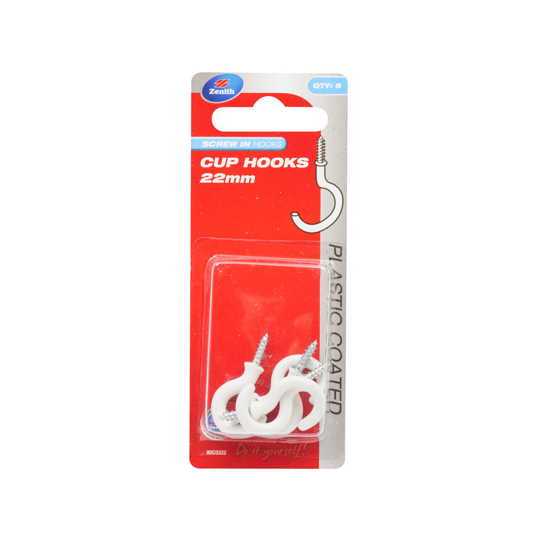 Zenith Cup Hook White Plastic 22 x 2.5mm Pk5