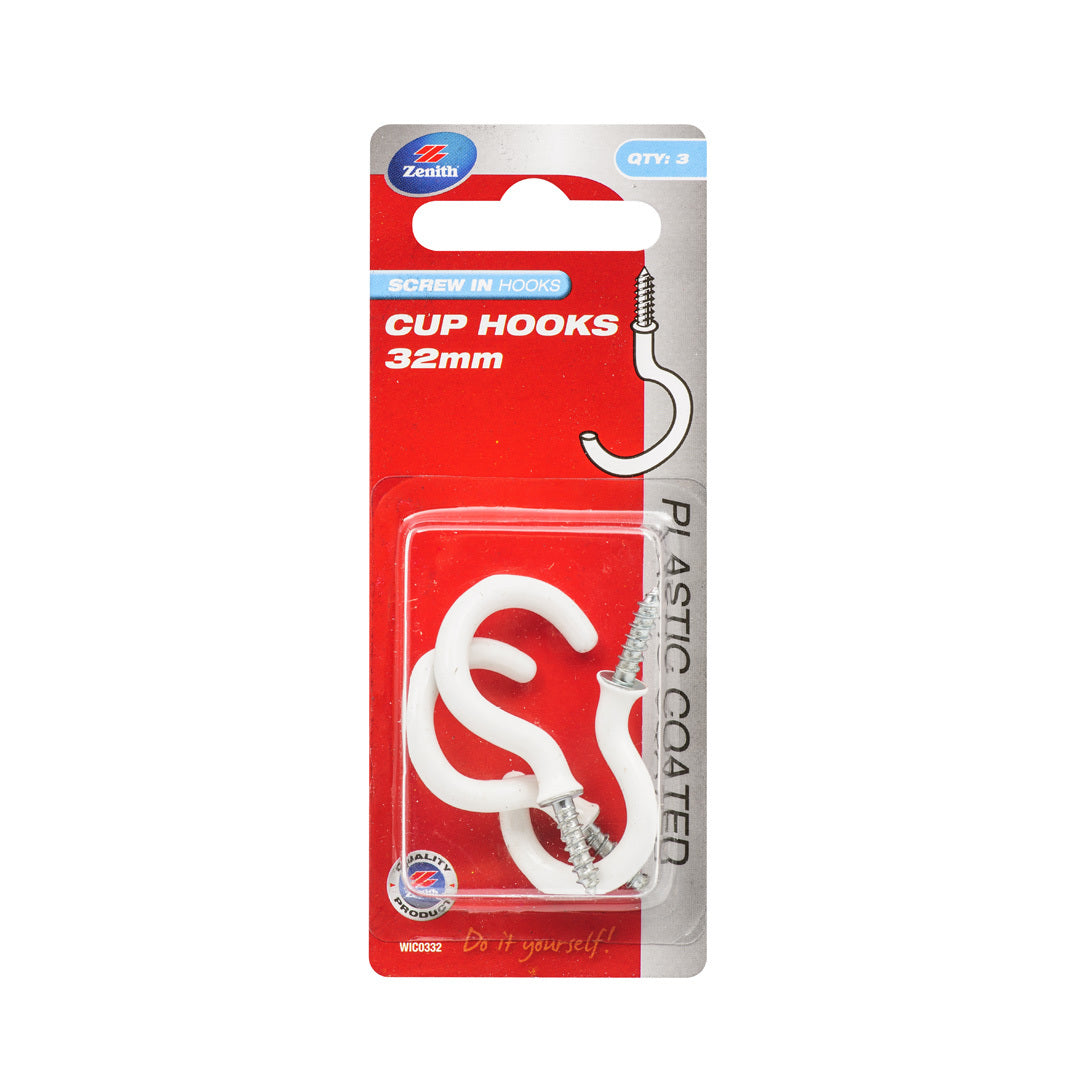 Zenith Cup Hook White Plastic 32 x 30mm Pk3