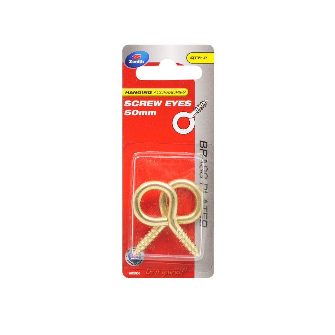 Zenith Screw Eye Hook Brass 50mm Pk2