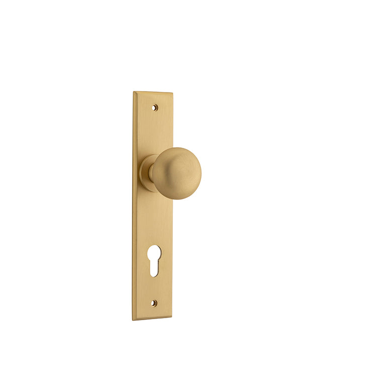 Iver Door Knob Cambridge Chamfered Euro Pair Brushed Brass CTC85mm D55xP62mm BPH240xW50mm