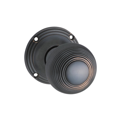 Tradco Door Knob Reeded Mortice Pair Antique Copper D51xP81mm BP60mm