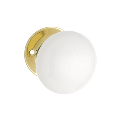 Tradco Door Knob White Porcelain Round Rose Pair Polished Brass D55xP57mm