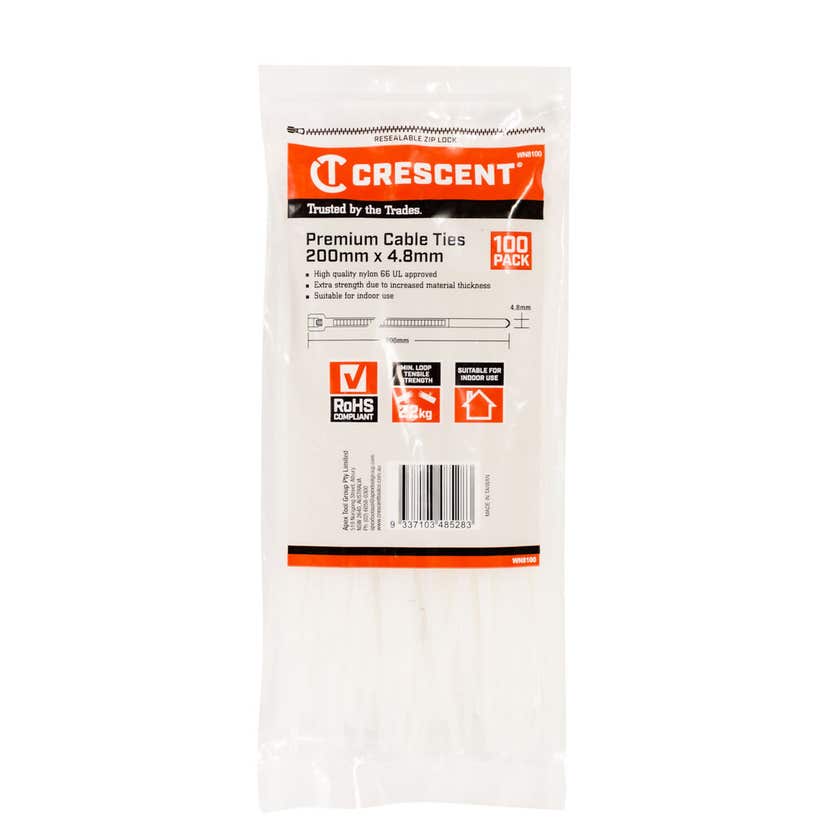 Crescent Cable Ties 200 x 4.8mm 100Pk Natural