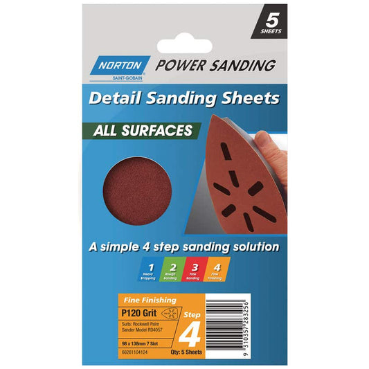 Norton Detail Sanding Sheet 98 x 138 120Grit pk5