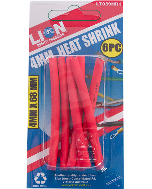 Lion 6 Pce, Red Heat Shrink Tubing 4MM X 68MM