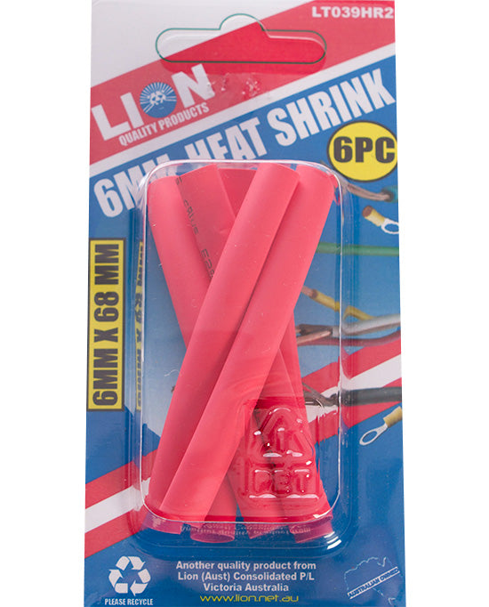 Lion 6 Pce, Red Heat Shrink Tubing 6MM X 68MM