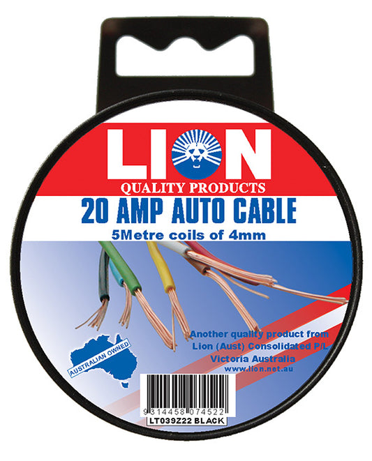 Lion Auto Cable 20amp X 4mm Black 5m