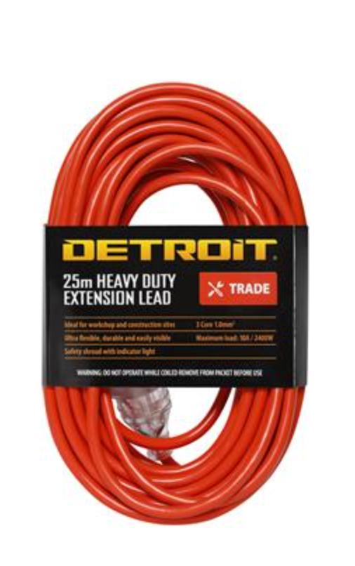 Detroit Extension Lead Heavy Duty 10A 25m- Orange