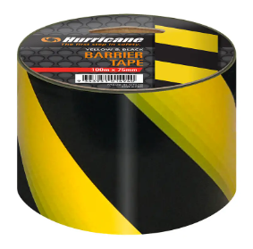 Hurrican Safety Barrier Tape 75mmx 100m- Yellow & Black
