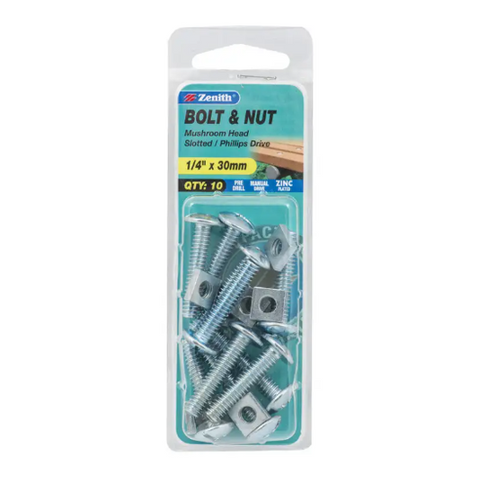 Zenith Bolt & Nut Mushroom Head 1/4 x 30mm Zinc Pk10