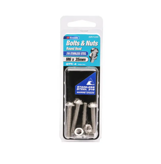 Zenith Bolt & Nut Round Head SS M6 x 35mm Pk4