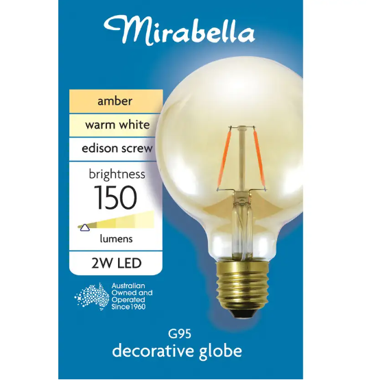 Mirabella LED Filament Globe G95 ES 2W Warm White