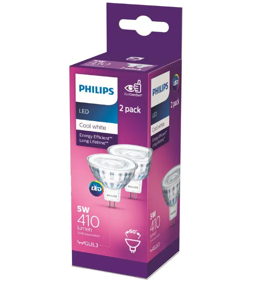 Philips LED Downlight Globe MR16 GU5.3 5W Cool Daylight 2PK