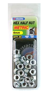 Zenith Half Hex Nut M6 Zinc Plated- 20PK