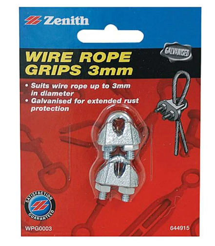 Zenith Wire Rope Grips Galv 3mm- 2PK