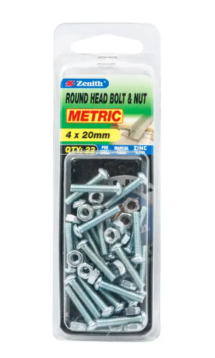 Zenith Round Head Bolt & Nut M4x20mm- 22PK