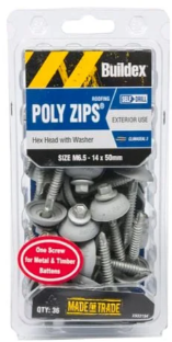 Buildex PolyZip Roofing Screws M6.5 14x50mm 36PK