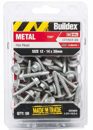 Buildex Metal Screw Tek Hex Head w/ Seal 12-14 x 30mm- 50PK