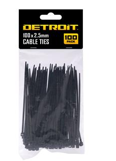 Detroit Cable Ties 100mm x 2.5mm 100PK- Black