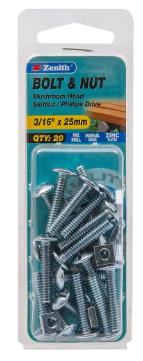 Zenith Bolt & Nut Mushroom Head 3/16" x 25mm Zinc 20PK