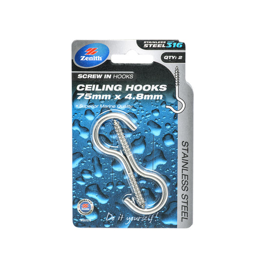 Zenith Ceiling Hook Stainless Steel 75 x 4.8mm Pk2