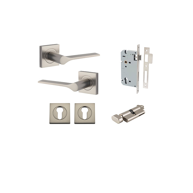 Iver Door Lever Como Rose Square Satin Nickel Key / Thumb Entrance Kit