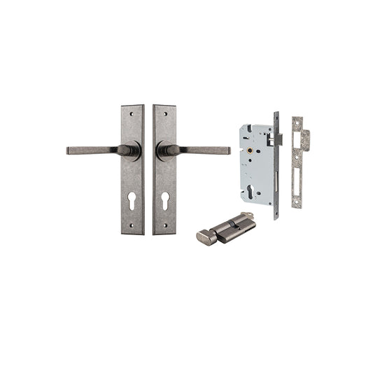 Iver Door Lever Annecy Chamfered Distressed Nickel Key / Thumb Entrance Kit