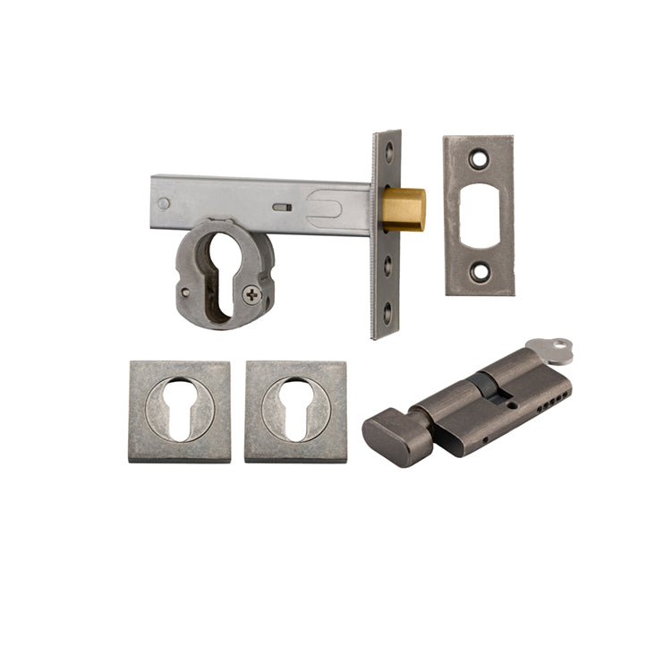 Iver Mortice Deadbolt Euro Distressed Nickel Backset 60mm Key/Thumb Escutcheon Square Kit - Preorder for Late Jan 2025