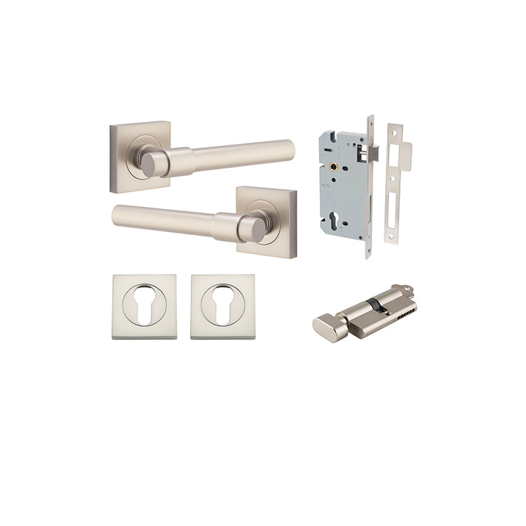 Iver Door Lever Helsinki Rose Square Satin Nickel Key / Thumb Entrance Kit