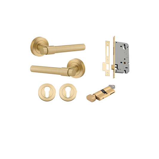 Iver Door Lever Helsinki Rose Round Brushed Gold PVD Key / Thumb Entrance Kit