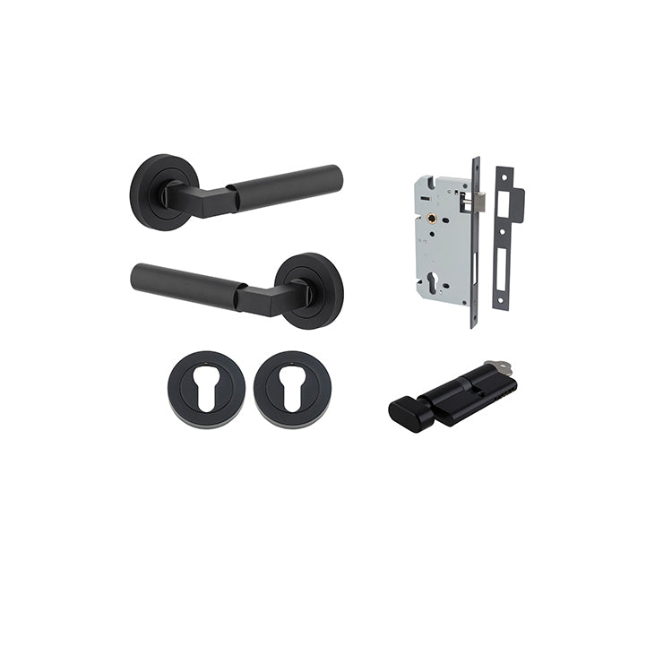 Iver Door Lever Berlin Rose Round Matt Black Key / Thumb Entrance Kit