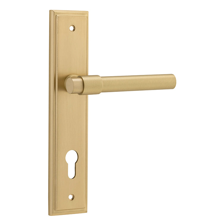 Iver Door Lever Helsinki Stepped Euro Pair Brushed Gold PVD CTC85mm L137xP61mm BPH237xW50mm