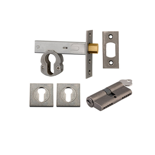 Iver Mortice Deadbolt Euro Distressed Nickel Backset 60mm Key/Key Escutcheon Square Kit - Preorder for Late Jan 2025