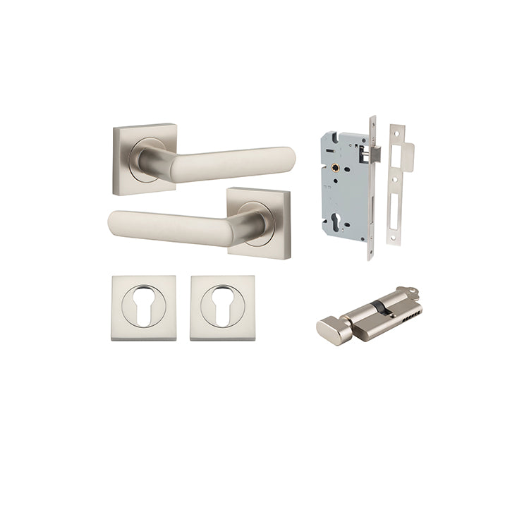 Iver Door Lever Osaka Rose Square Satin Nickel Key / Thumb Entrance Kit