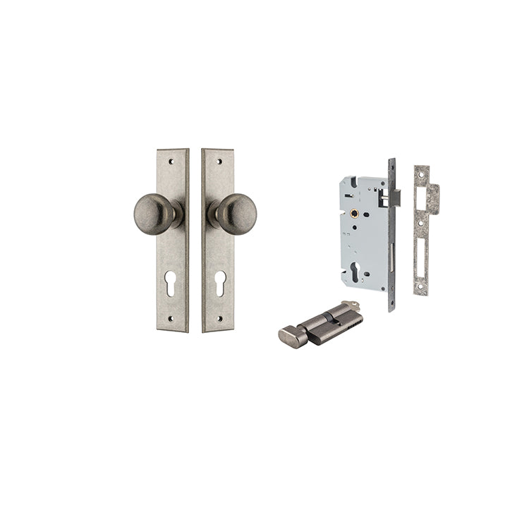 Iver Door Knob Cambridge Chamfered Distressed Nickel Key / Thumb Entrance Kit