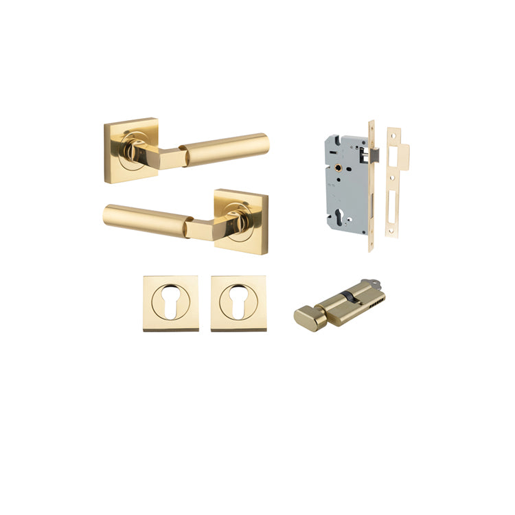 Iver Door Lever Berlin Rose Square Polished Brass Key / Thumb Entrance Kit