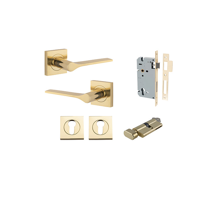 Iver Door Lever Como Rose Square Polished Brass Key / Thumb Entrance Kit