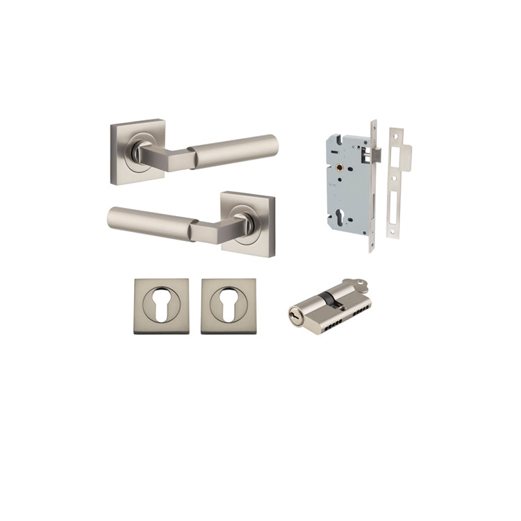 Iver Door Lever Berlin Rose Square Satin Nickel Key / Key Entrance Kit