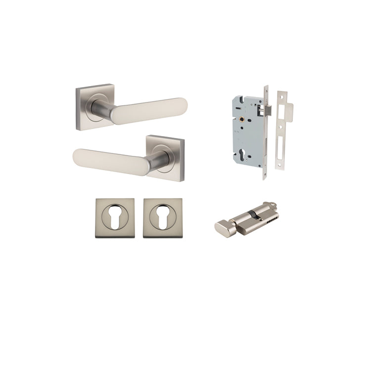 Iver Door Lever Bronte Rose Square Satin Nickel Key / Thumb Entrance Kit