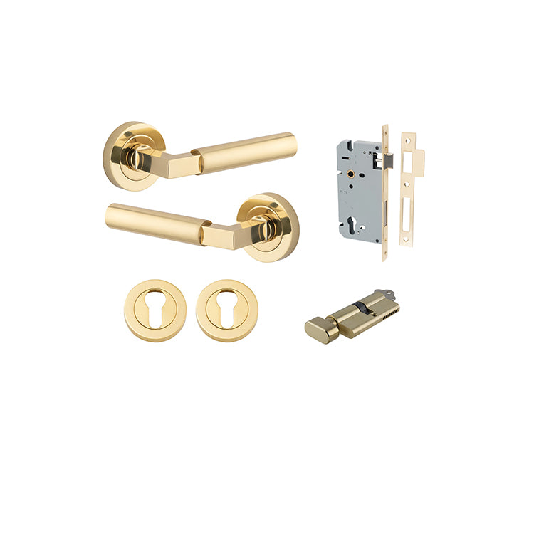 Iver Door Lever Berlin Rose Round Polished Brass Key / Thumb Entrance Kit