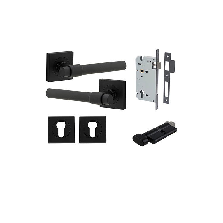 Iver Door Lever Helsinki Rose Square Matt Black Key / Thumb Entrance Kit