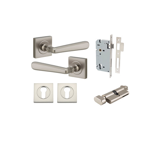 Iver Door Lever Copenhagen Rose Square Satin Nickel Key / Thumb Entrance Kit