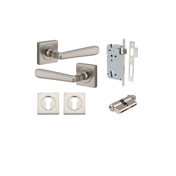 Iver Door Lever Copenhagen Rose Square Satin Nickel Key / Key Entrance Kit