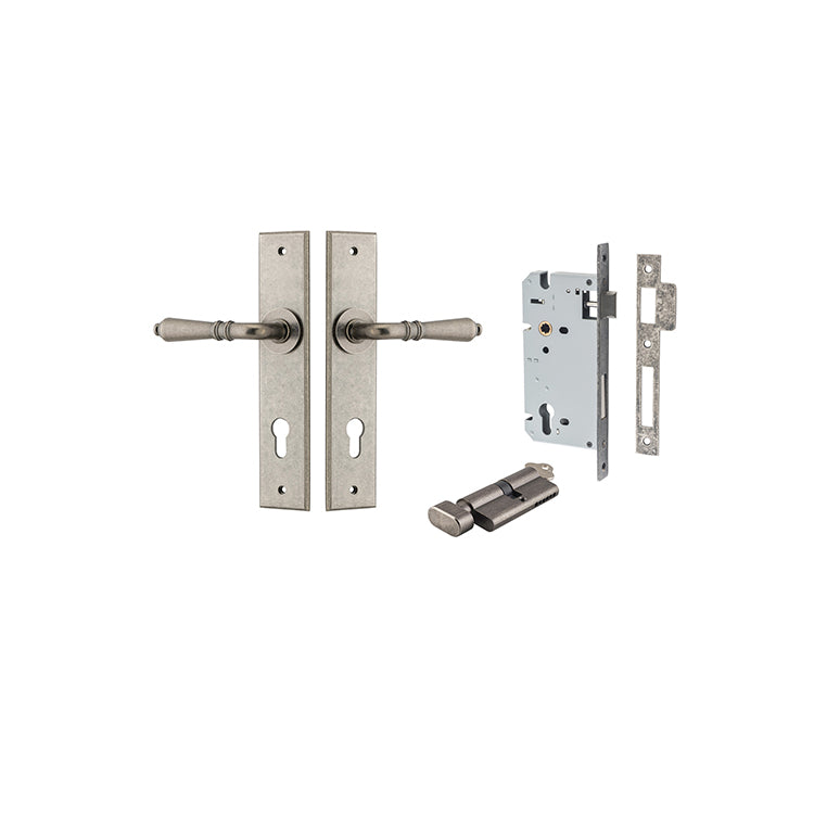 Iver Door Lever Sarlat Chamfered Distressed Nickel Key / Thumb Entrance Kit