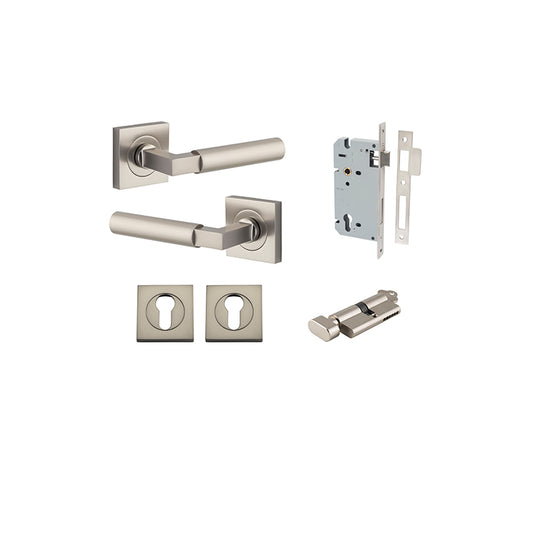 Iver Door Lever Berlin Rose Square Satin Nickel Key / Thumb Entrance Kit