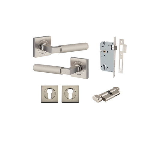 Iver Door Lever Brunswick Rose Square Satin Nickel Key / Thumb Entrance Kit